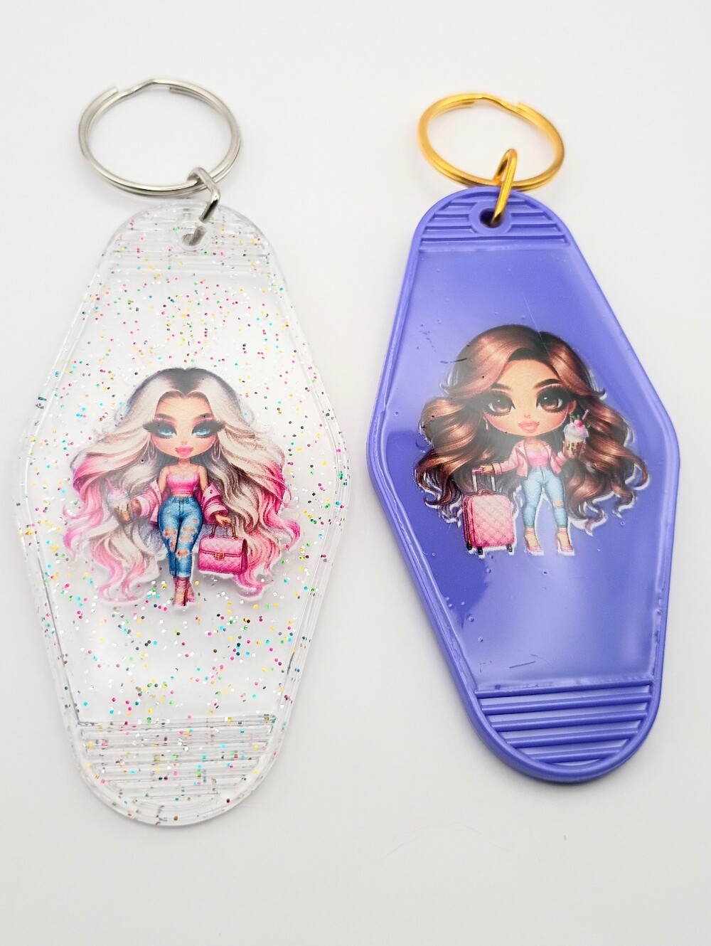 Clear Glitter & Purple Doll Keychain Card Holders - Set of 2